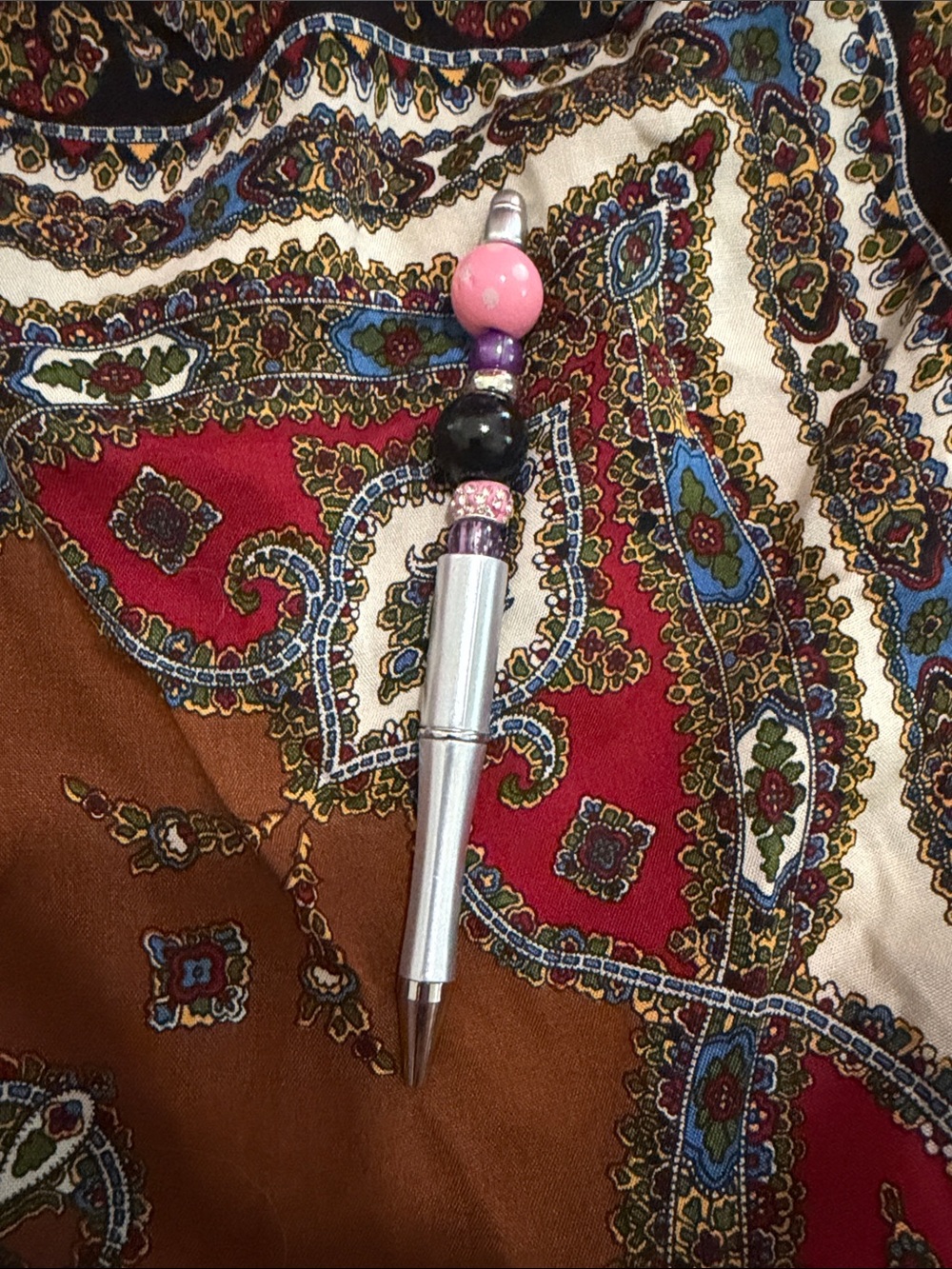 Beaded Decorative Silver Pen with Pink & Black Accents